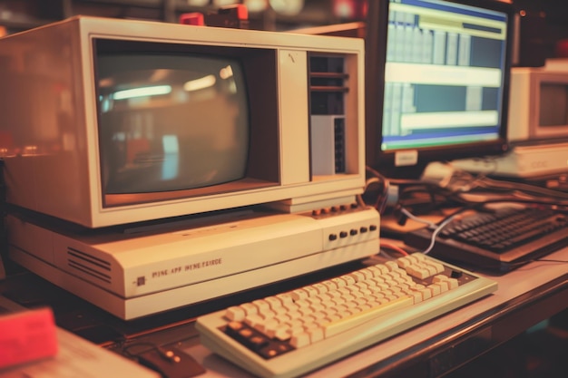 a desk displaying a retro computer system with a monitor keyboard mouse and dot matrix printer retro computer system with a dot matrix printer