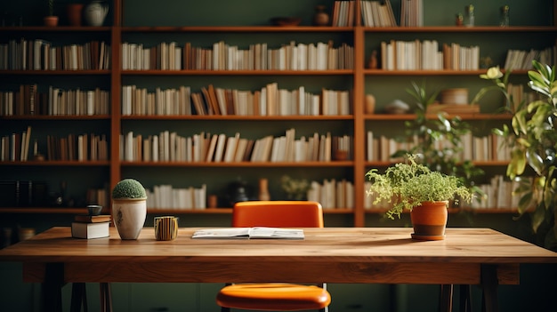 Photo a desk in front of a large bookshelf