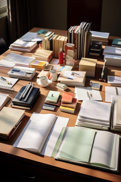 A desk full of books and papers