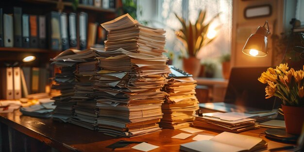 A desk full of paperwork in a home office