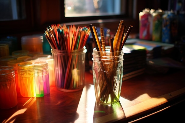 Photo a desk has various pencils pens and a notebook