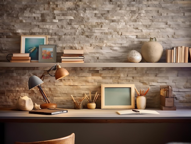 Стол в домашнем офисе с принадлежностями и глиняной стеной для копирования Ai Generative