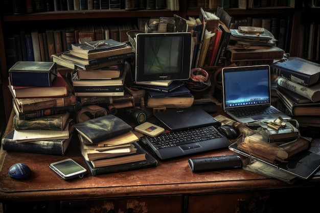 The desk is full of various items