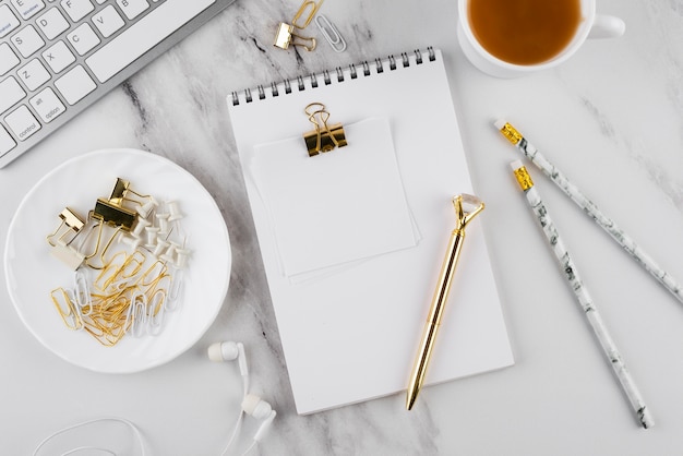 Photo desk items arrangement flat lay