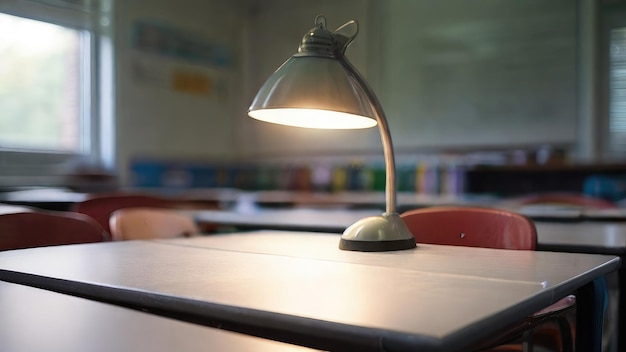 Photo a desk lamp that is turned on and has a light on it