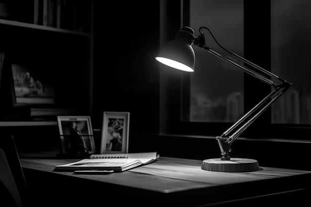 A desk lamp with a book on it and a book on the table.