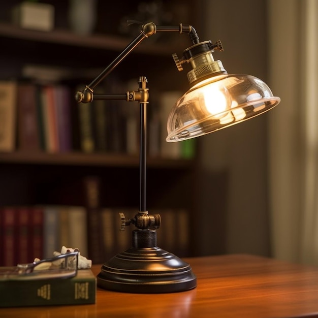 A desk lamp with a glass shade sits on a wooden table next to a book.