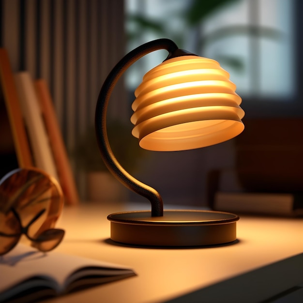 A desk lamp with a light on and a book on it