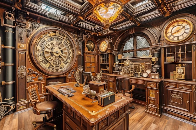 Desk and Large Clock in Steampunk Inspired Office