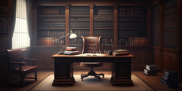 A desk in a library with a book on it and a lamp on the table.