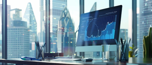 On the desk in the modern business office a desktop computer monitor with finance statistics software and a progressive user interface is displayed A glass wall with big city buildings is visible