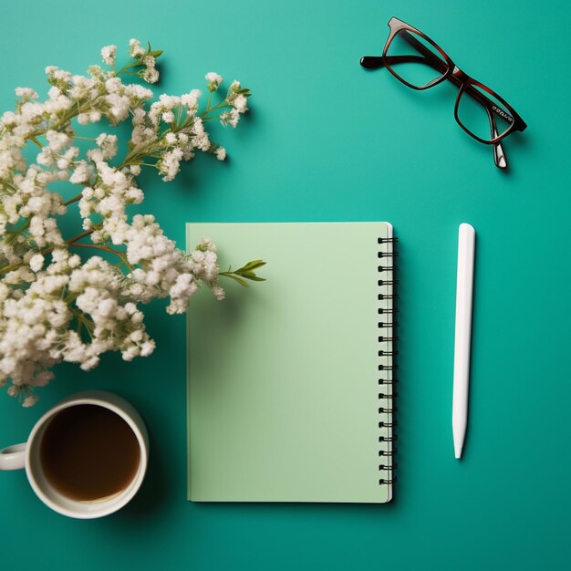 Desk office with laptop empty notebook flowers coffee cup glasses and pen on green table