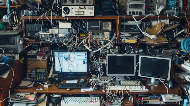 a desk overflowing with electronics cables and papers highlighting the challenges of managing a