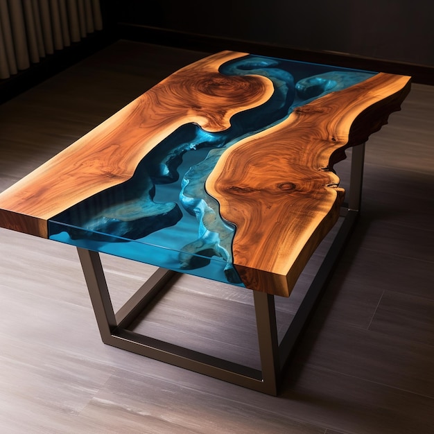 현대적인 방에 위치한 에폭시로 만든 책상 리버 테이블