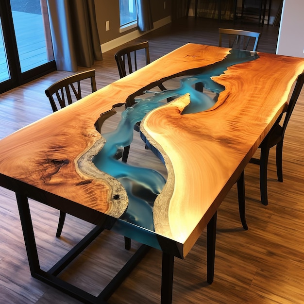 Foto scrivania river table realizzata in resina epossidica posizionata in una stanza contemporanea