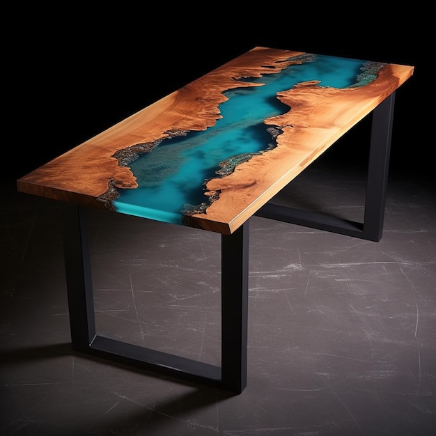 Scrivania river table realizzata in resina epossidica posizionata in una stanza contemporanea