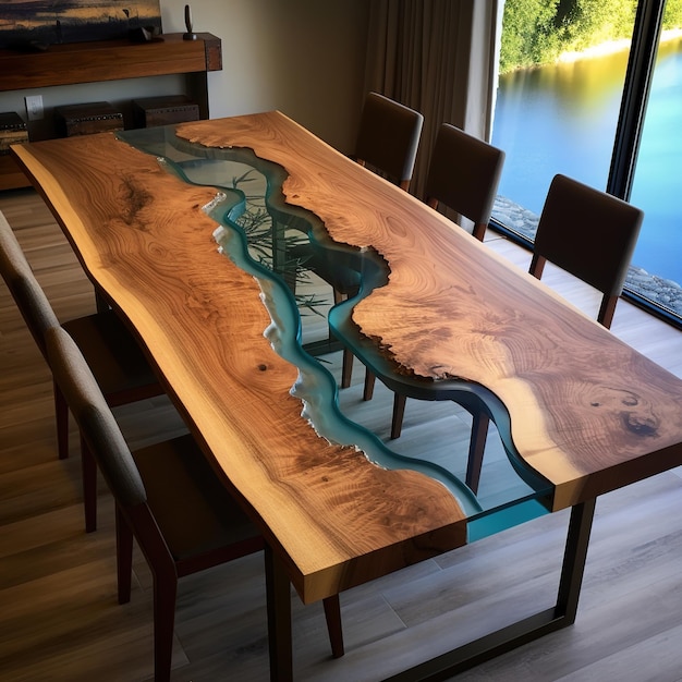 desk riviertafel gemaakt van epoxy geplaatst in een eigentijdse kamer