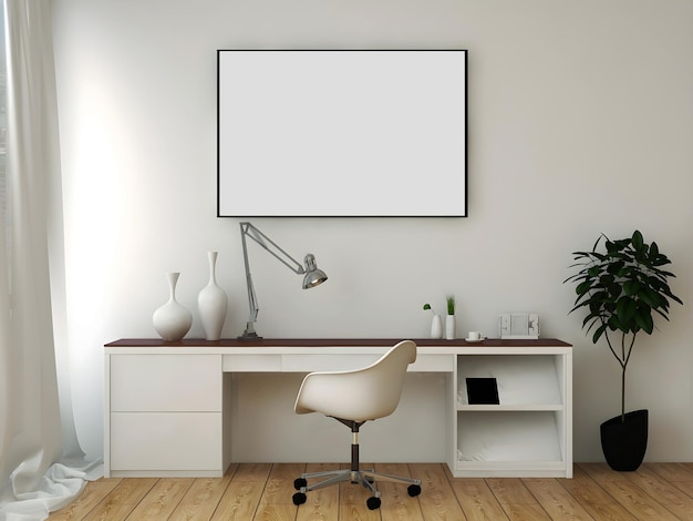 Mockup di scrivania o ufficio domestico con 1 grande tavolo bianco con cornice vuota e parete bianca