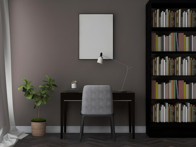 Desk room or home office mockup with 1 blank frame brown wall\
desk and chair bookshelves