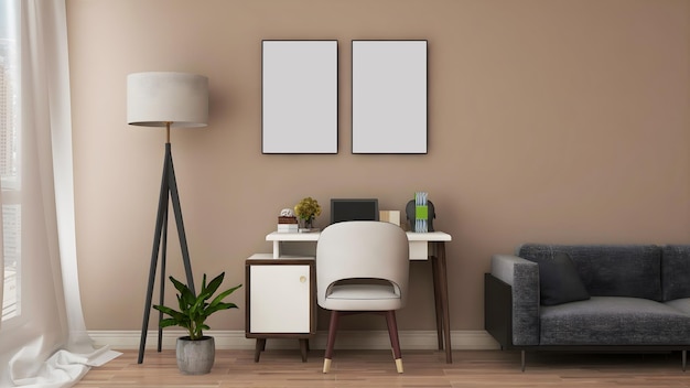 Desk room home office mockup with 2 blank frames desk floor\
lamp sofa and khaki wall
