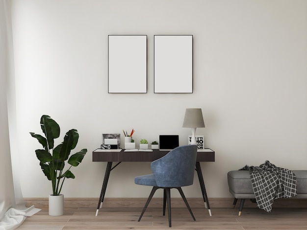 Desk room or home office mockup with 2 blank frames desk and\
object blue chair plant and sofa