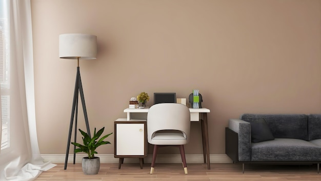 Desk room home office mockup with desk floor lamp sofa and\
blank khaki wall