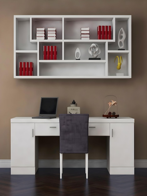 Desk room or home office mockup with white desk hanging bookshelves and chair