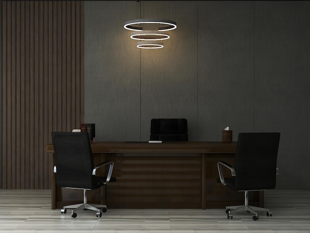 Desk room or office mockup with office desk and 3 chairs spiral\
hanging lamp and modern wall