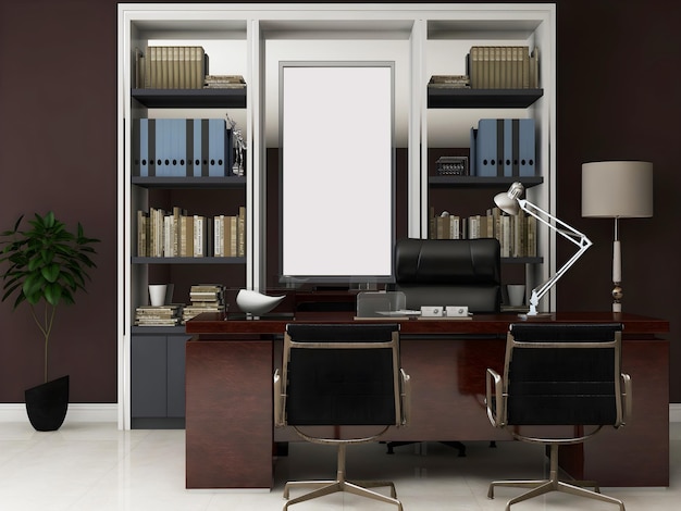 Desk room or office mockup with office desk book shelves and blank frame