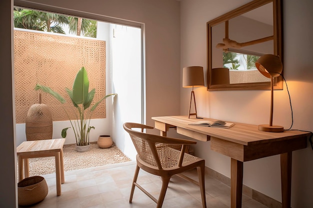 A desk in a room with a lamp and a plant on the wall