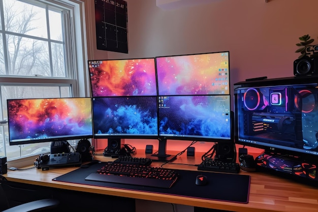 Photo a desk setup featuring three computer monitors and a keyboard perfect for multitasking and productivity a multimonitor computer setup at home ai generated