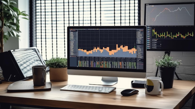 A desk setup with a computer notebook and charts representing trading activities AI generated