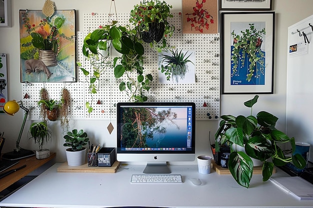 Desk setup with a DIY pegboard for hanging plants and artwork