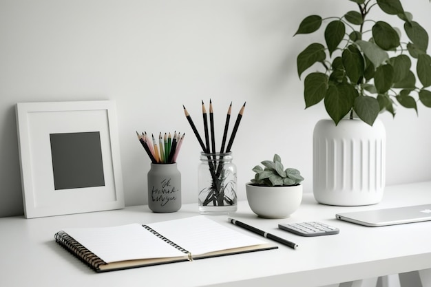 Photo desk space and a white table with office essentials