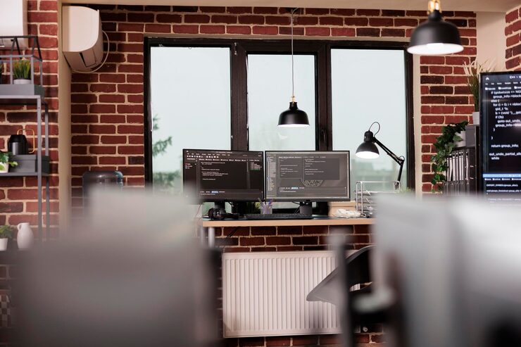 Photo desk table with multiple monitors running terminal window and artificial intelligence programming database script. empty it programming agency office with servers cloud computing. coding concept