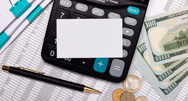 On the desk there are reports, a calculator, cash and a blank card with a place to insert the text