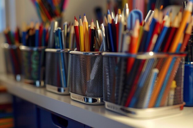 Photo desk tidies holding pens and pencils on shelves