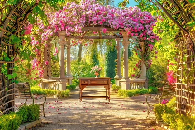 Desk in a tranquil garden gazebo with blooming flowers