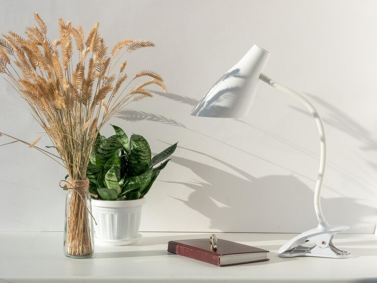 電気スタンドと観葉植物を備えた白いインテリアのデスク