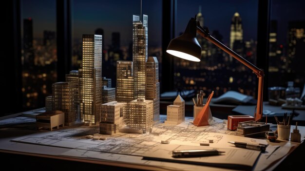 Desk with architectural blueprints and 3D printed model buildings Generative AI