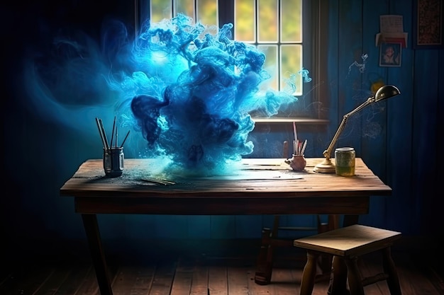 Desk with blue fog generative ai