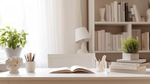 A desk with a book on it and a book on the table