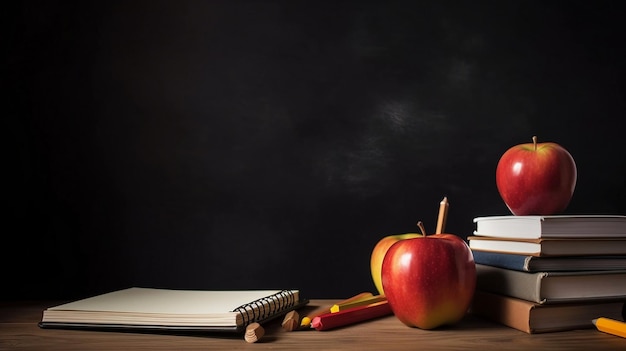 A desk with a book, pencils, and a red apple on it