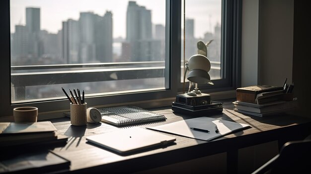 A desk with a book, a statue of a bird, and a statue of a man on the left side.