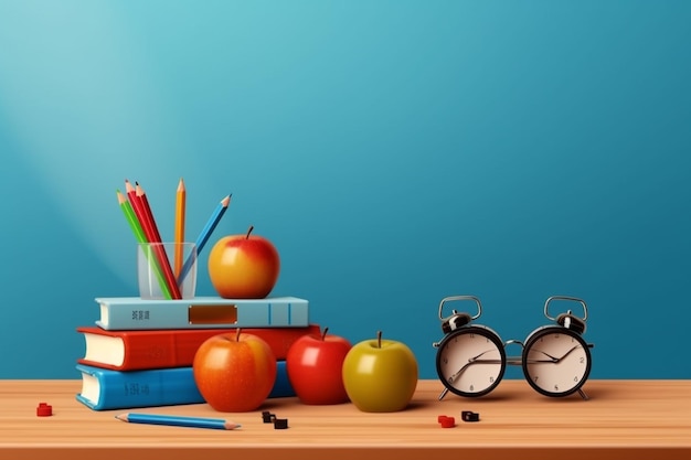 A desk with books a clock and a clock on it