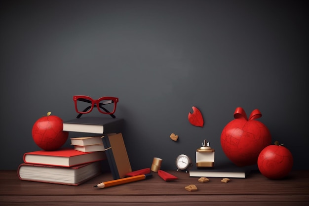 A desk with books and a clock on it