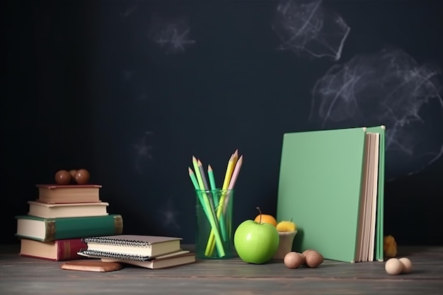 A desk with books a green apple a glass of eggs and a green apple on it