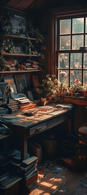 A desk with books on it and a book on the shelf.