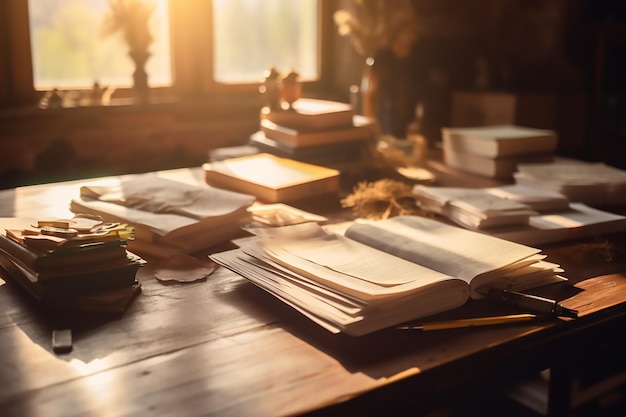 Desk with books and a window