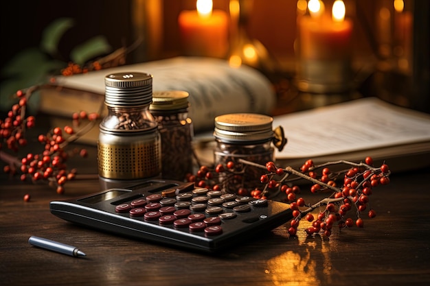 a desk with a calculator a pen and some candles